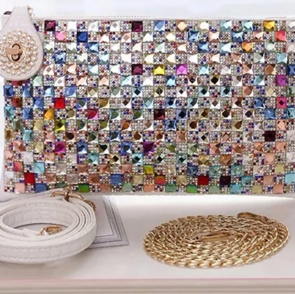 Colorful Jewel Studded Oversized Multi Funtional Clutch -White - Picture 6 of 16